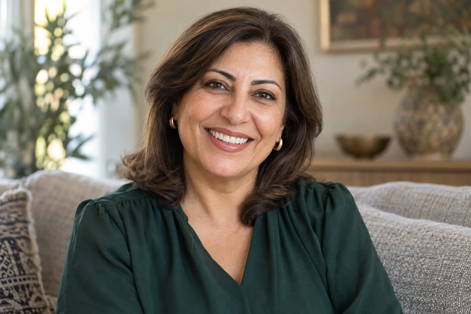 Adult woman with a natural open smile and clearly visible teeth for an All-on 6 titanium bar hybrid full mouth implants package in Istanbul