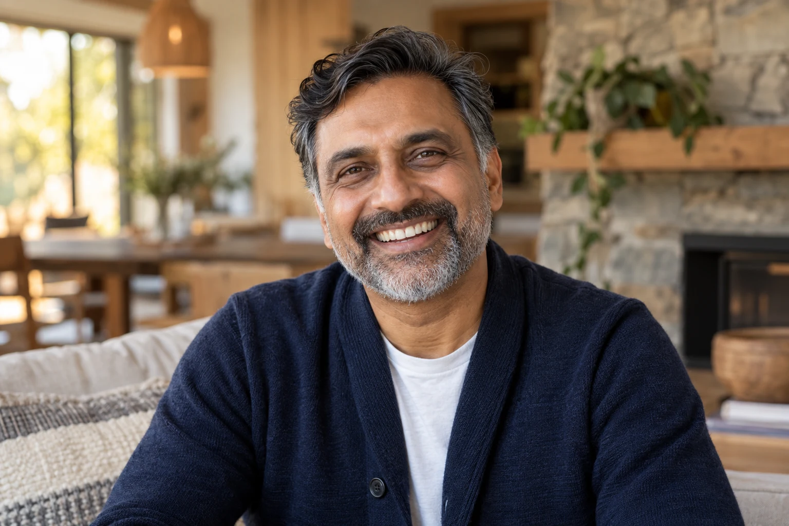 Adult man with a natural open smile and clearly visible teeth for an All-on 6 titanium bar hybrid single jaw implants package in Istanbul