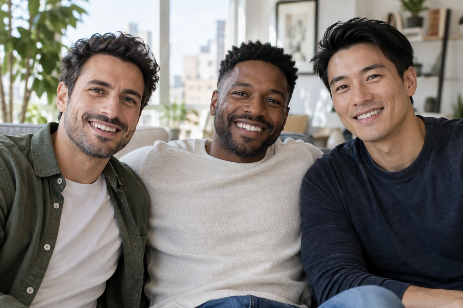 Three adult men, all fully in frame, with visible hairlines and scalp hair for a three-person hair transplant package in Istanbul