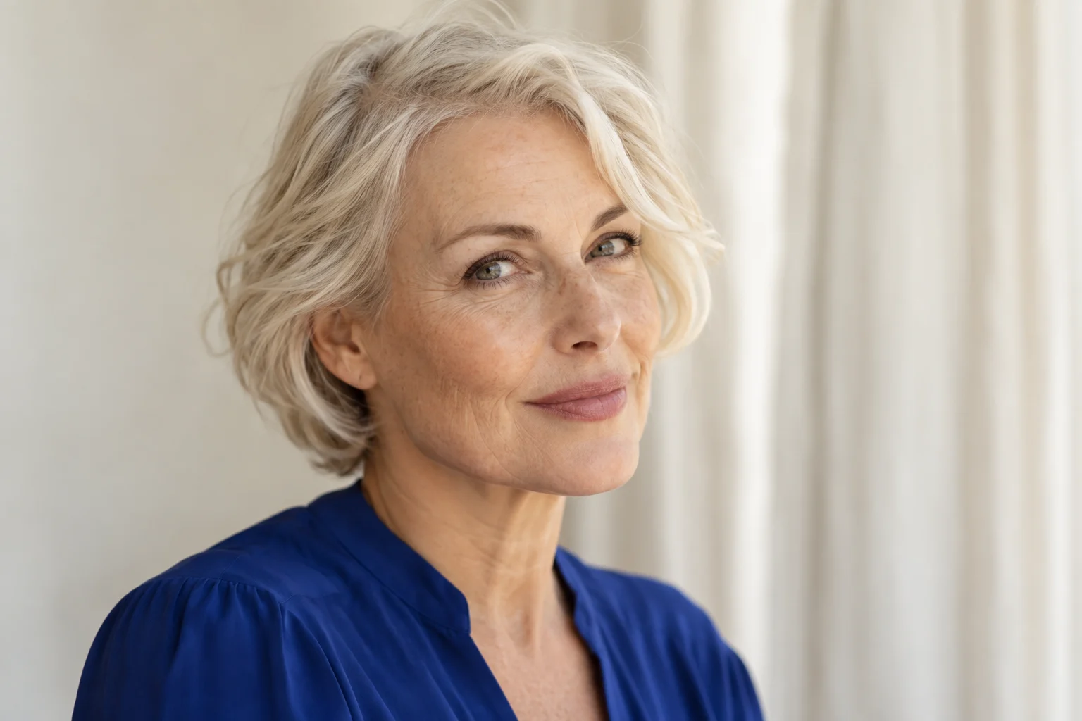 Portrait of a woman with eyelids and eyes clearly visible, no sunglasses, photographed for an upper blepharoplasty and rhinoplasty package in Istanbul