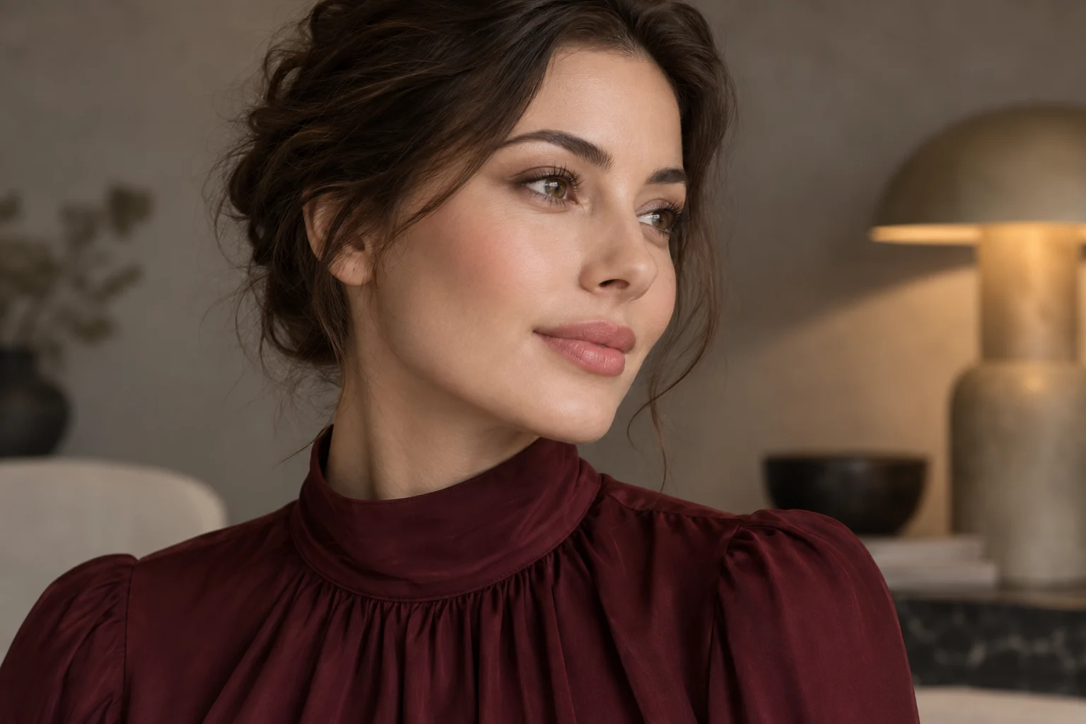 Adult woman in three-quarter view with a sharp chin and jawline centred for a chin surgery package in Istanbul