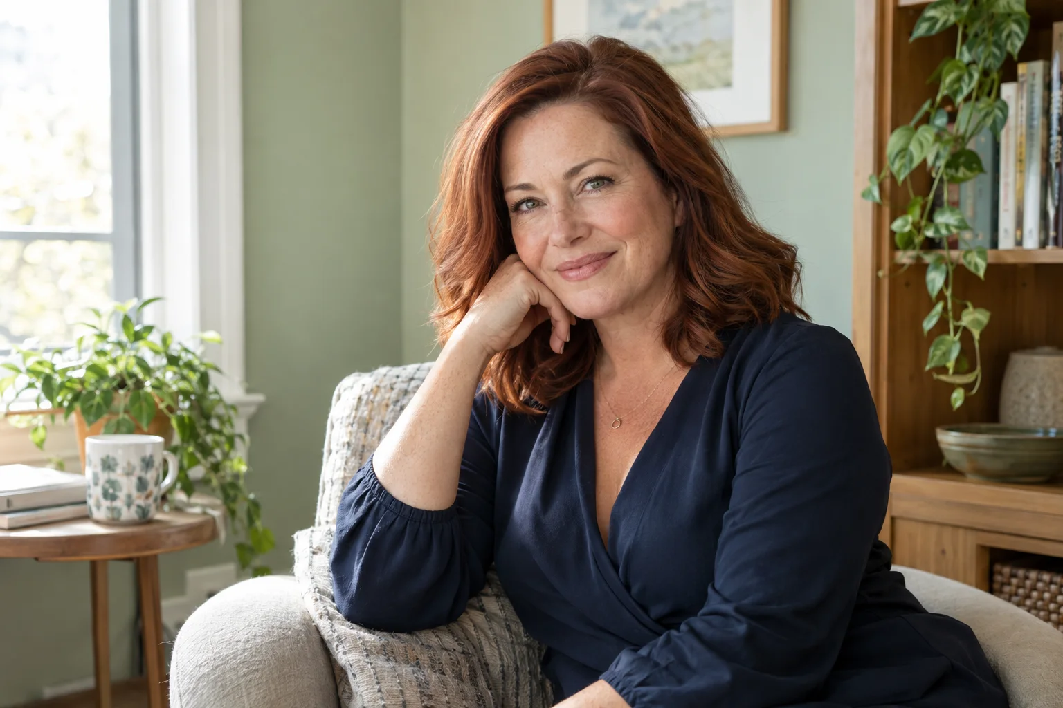 Portrait of a woman in her forties, face and shoulders visible, photographed for a Medsil/Stella gastric balloon package in Istanbul