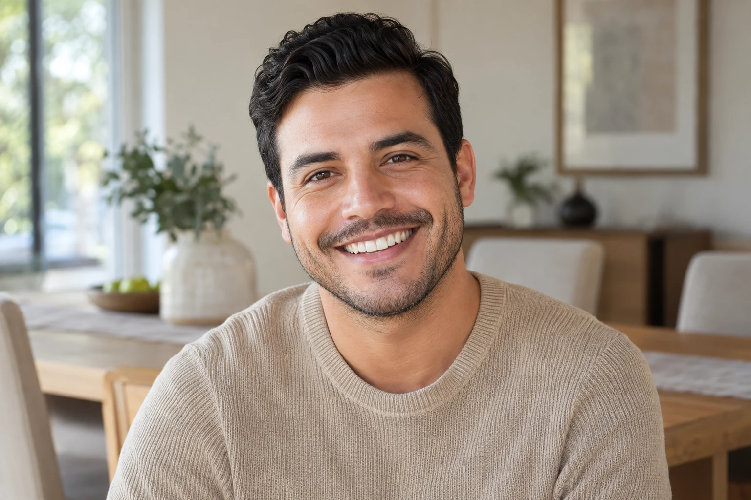 Portrait of a man with a visible hairline and short hair, face and shoulders in frame, photographed for a hair transplant and Hollywood smile veneers package in Istanbul