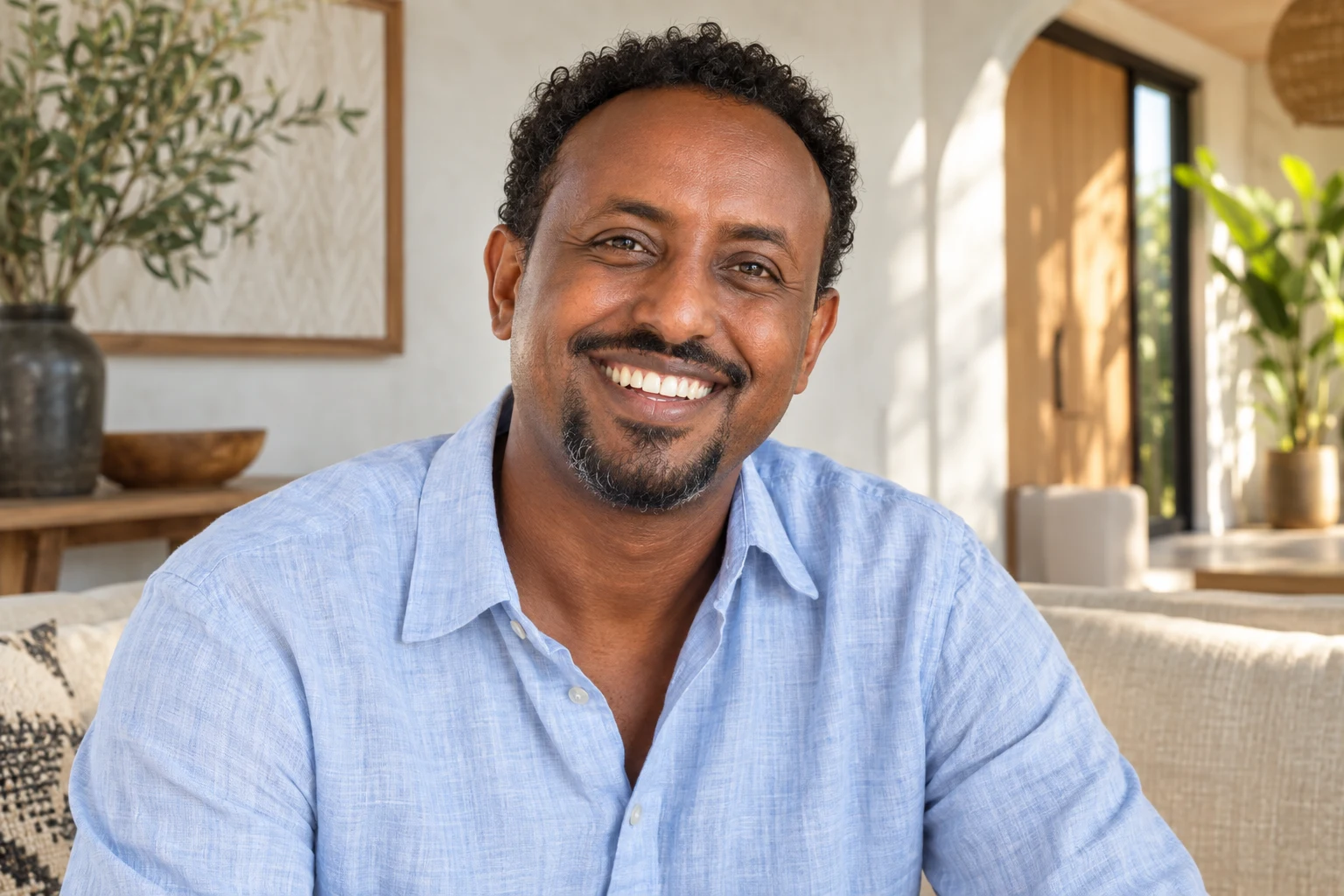 Portrait of a man with a natural smile and visible teeth, photographed for a Hollywood smile with implants package in Istanbul