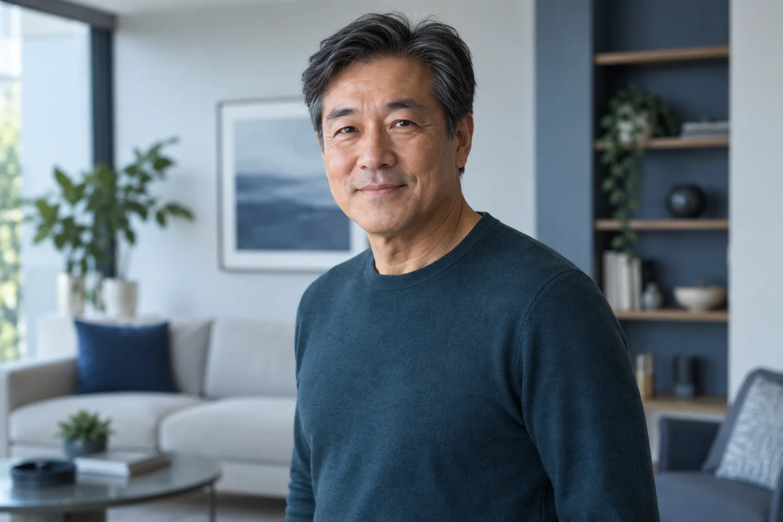 Modest portrait of an adult man in a navy jumper, face and shoulders in frame, photographed for an inflatable penile implants package in Istanbul
