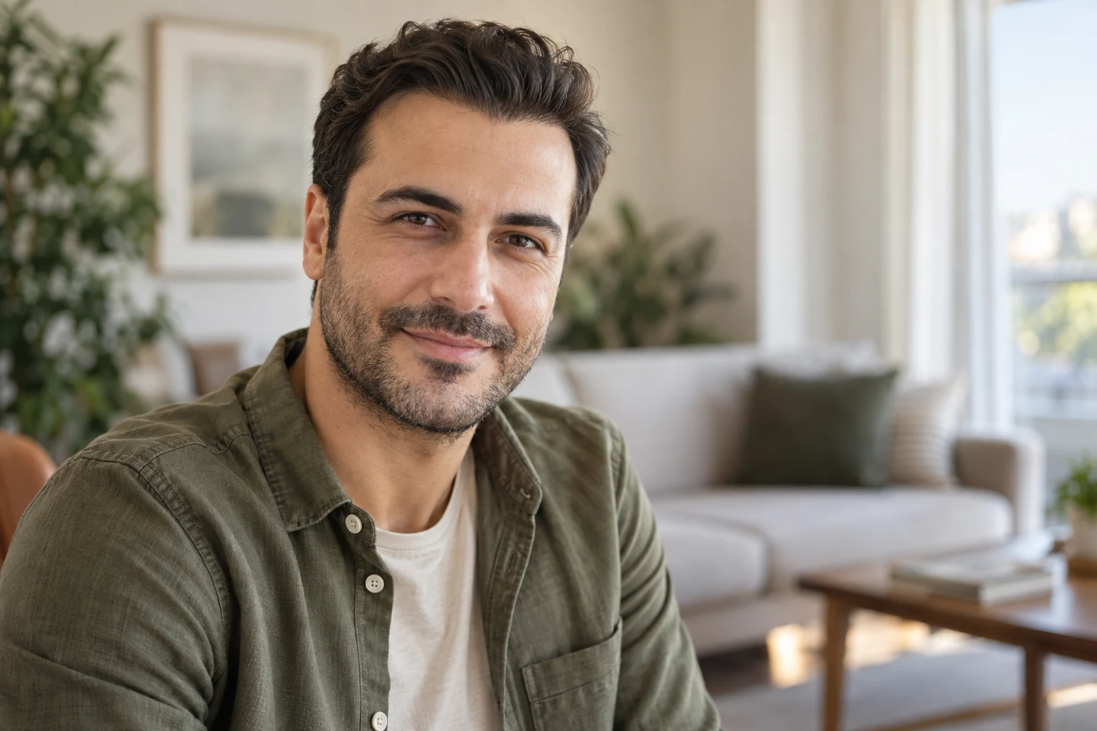 Adult man in a navy shirt showing a natural frontal hairline and hair for a Sapphire hair transplant package in Istanbul