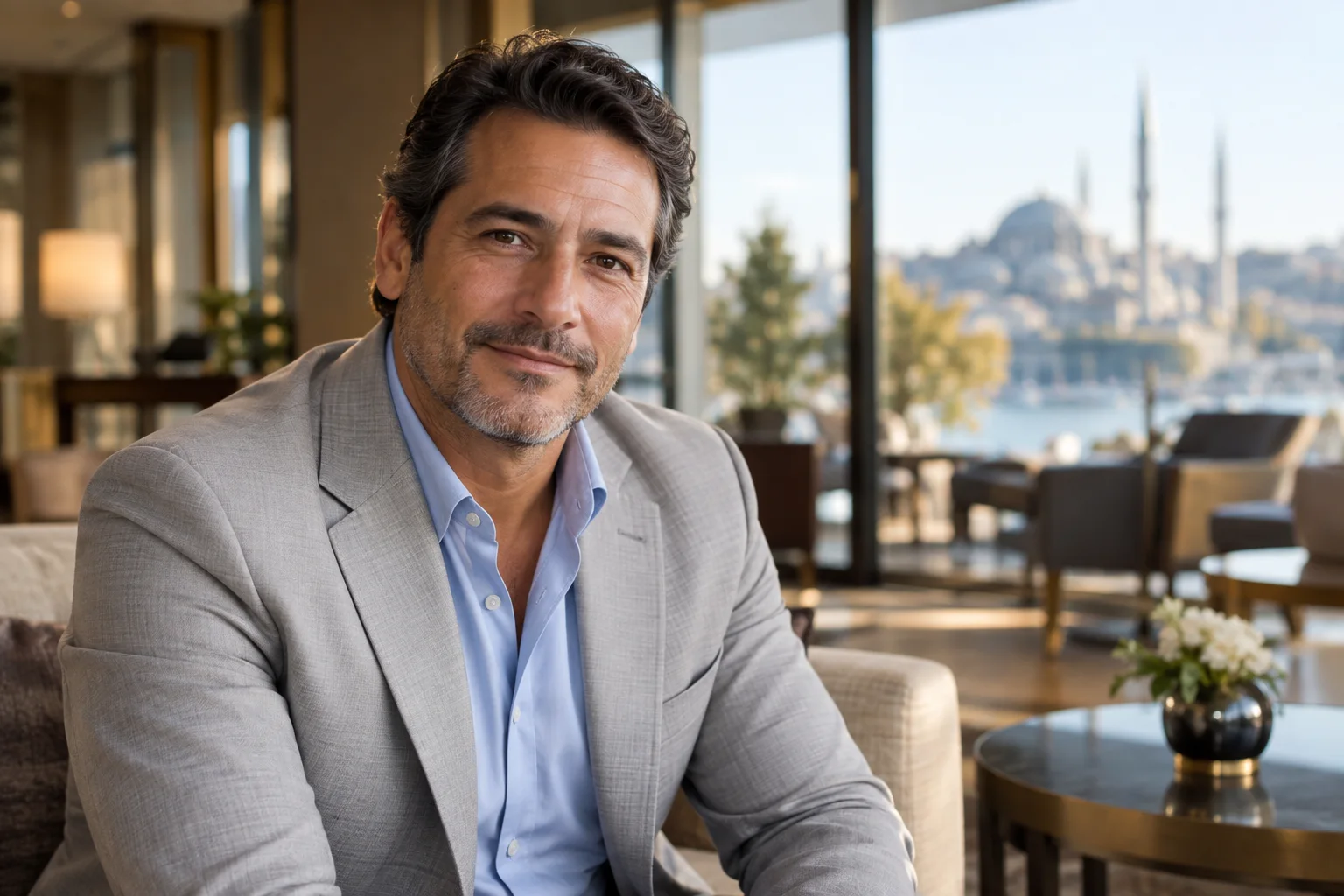 Portrait of a man in his forties, face and shoulders visible, photographed for a VIP medical check-up package in Istanbul